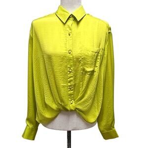 Rose & Olive Women Lime Green Button Front w/Twist Long Sleeve Dress Blouse Sz S